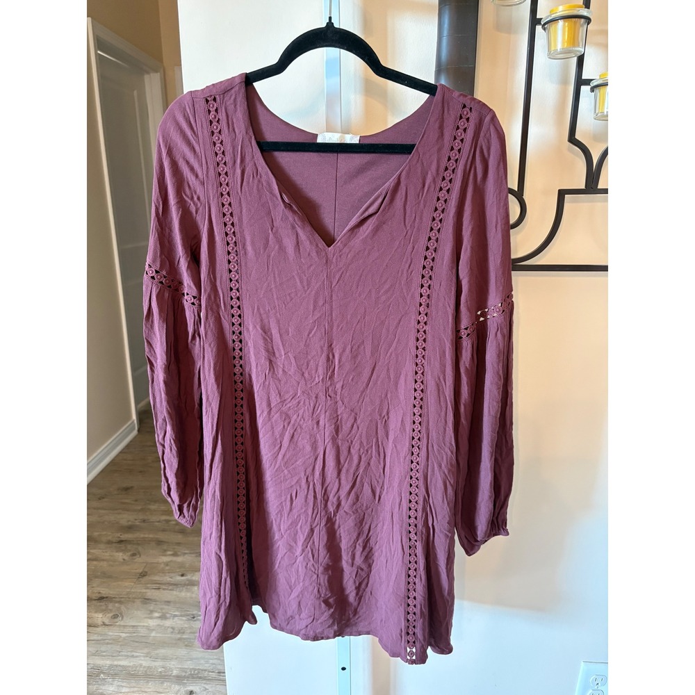 Altar'd State Womens XS Purple Crochet Lace Trim Long Sleeve V-Neck Mini Dress